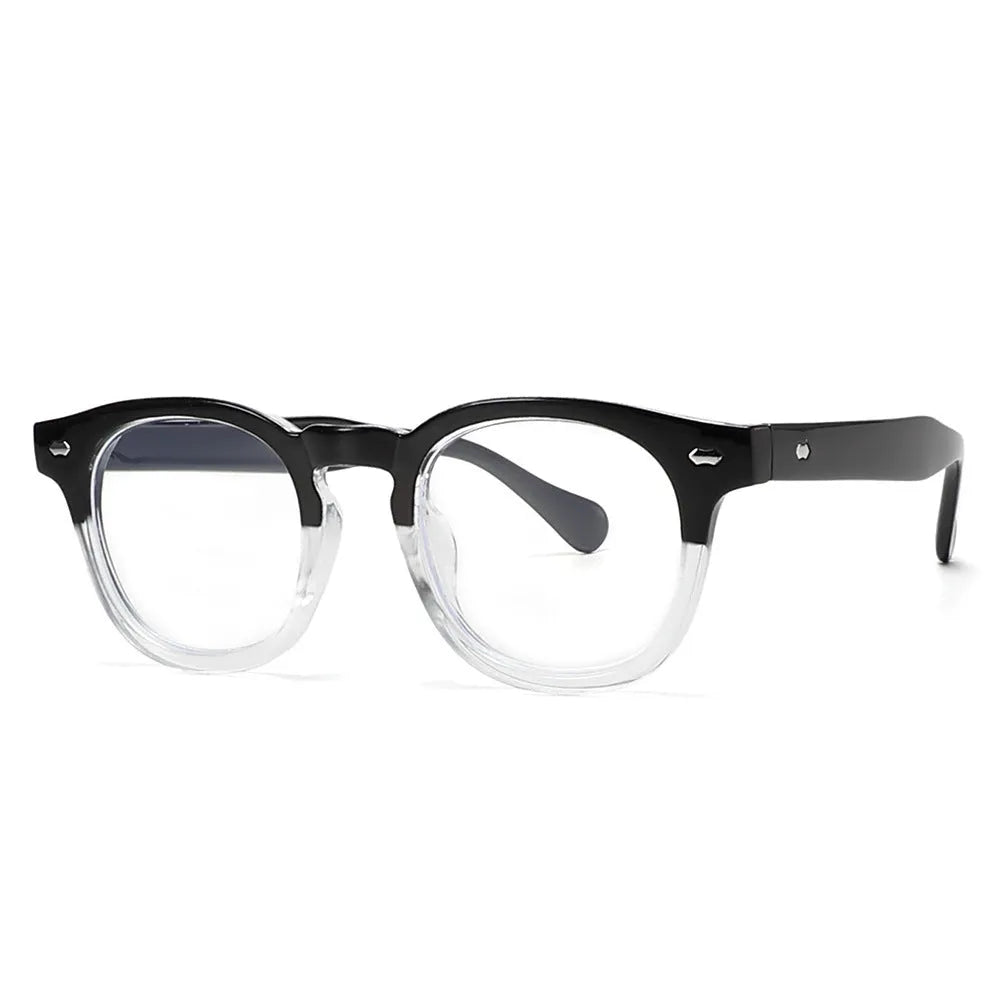 Simple plastic round rim sunglasses in retro artistic style on a solid background.
