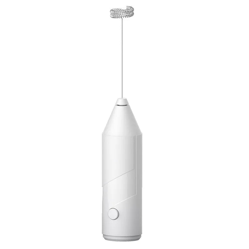 Mini handheld electric milk frother in black, white, or khaki with stainless steel whisk.