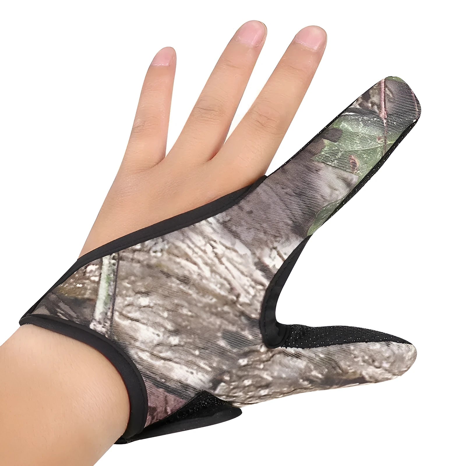 Close-up of a two-finger fishing glove with a microfiber palm and diving cloth back, shown in camouflage colour.