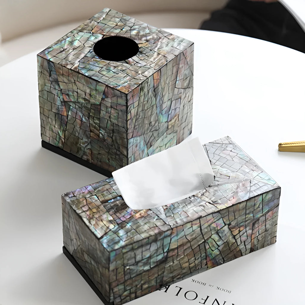 Black natural shell tissue box organiser with removable divider for coffee tables