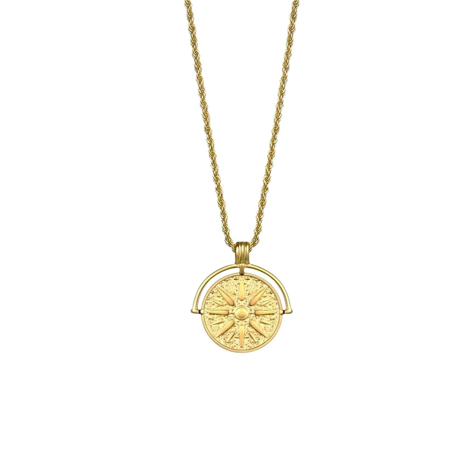 Stainless steel sunflower pendant necklace with geometric embossed design on hemp flowers chain