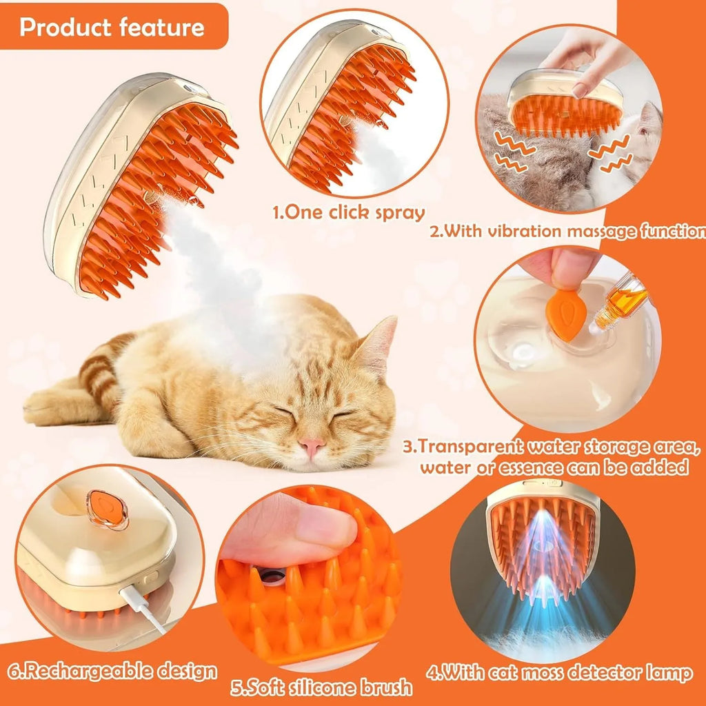 Yellow multifunctional cat steam brush with silicone teeth, water compartment, and ringworm detector lamp
