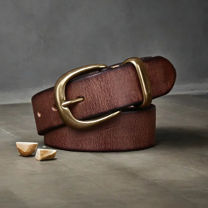 Men's casual cattlehide leather belt with copper pin buckle in black, brown, or khaki