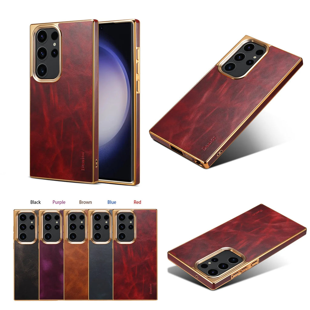 Genuine oil wax calfskin phone case for Samsung S23, handmade, blue colour, soft shell design