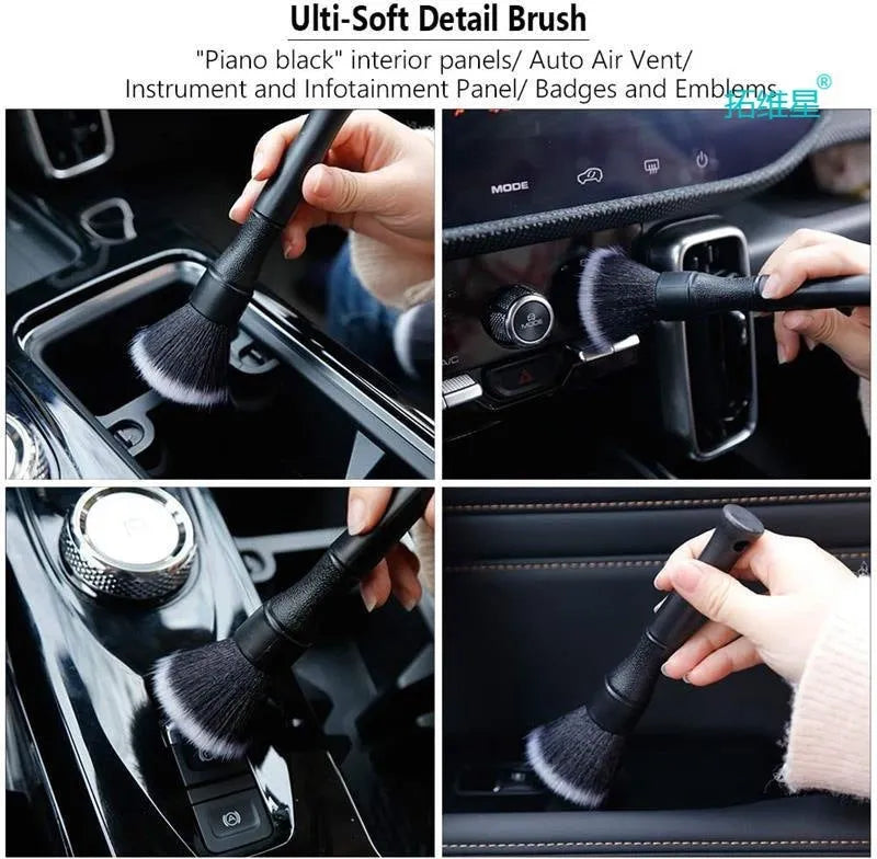 Black car detailing brush with soft pig hair bristles and PP handle in two sizes: 240mm and 160mm.