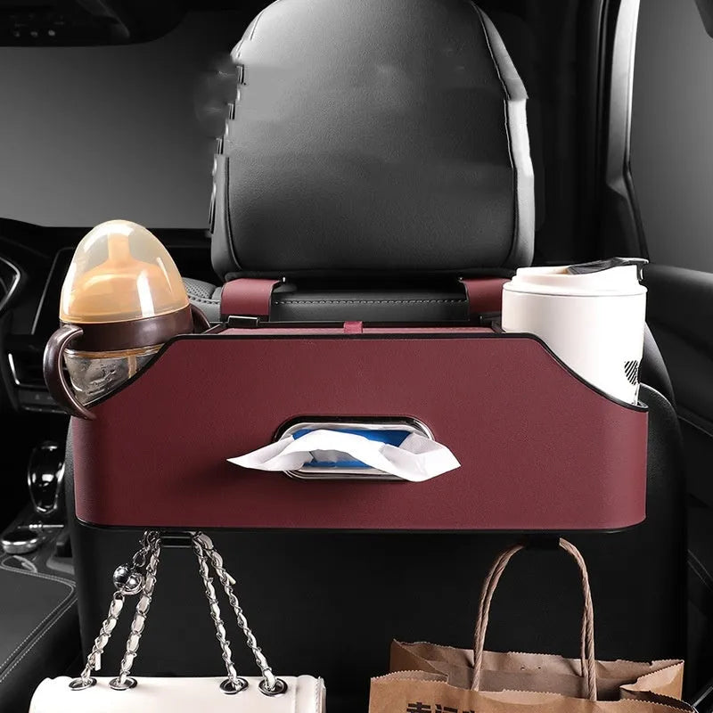 Genuine leather car tissue box with cup holder and storage compartment in beige colour