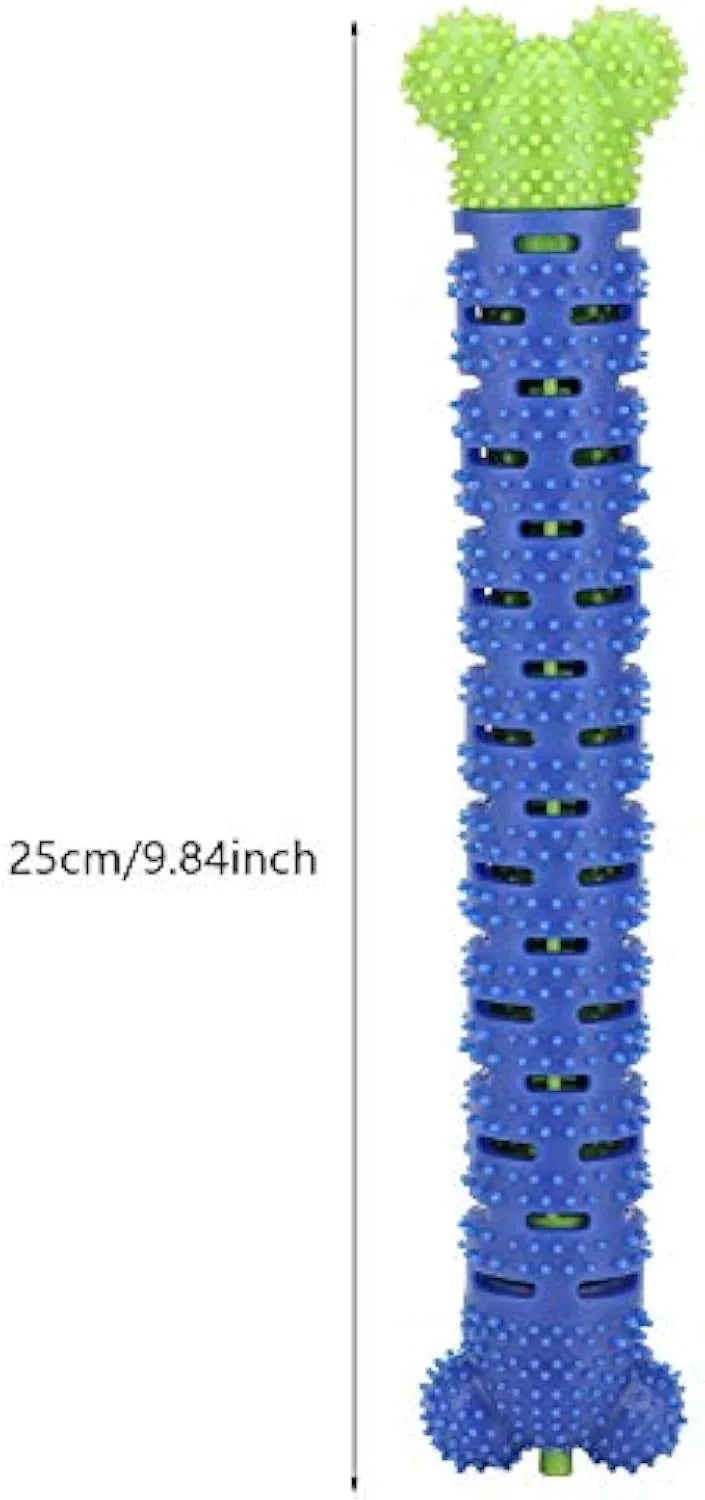 Blue-green dog molar tooth cleaner with serrated brush head design and silicone massage nodules