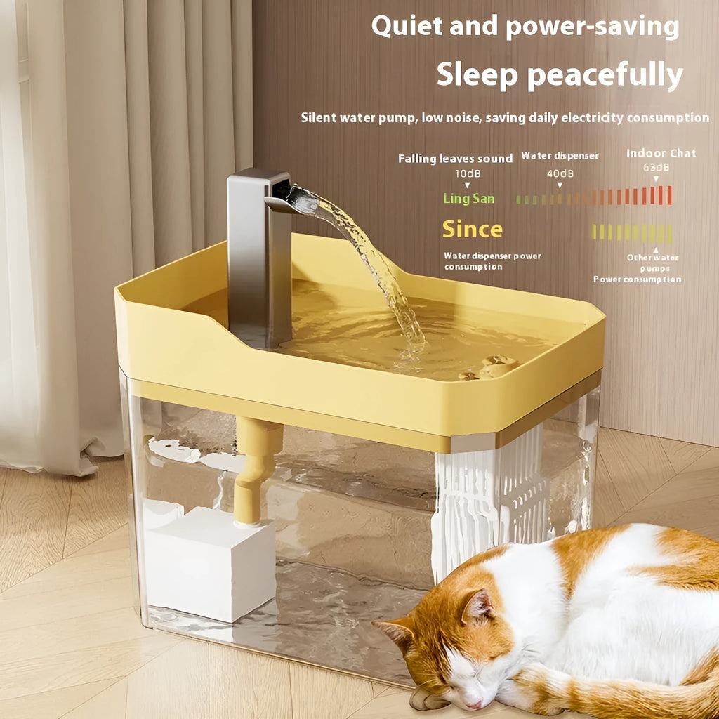 Matt grey cat water fountain with active oxygen pump and white drinking tray on floor