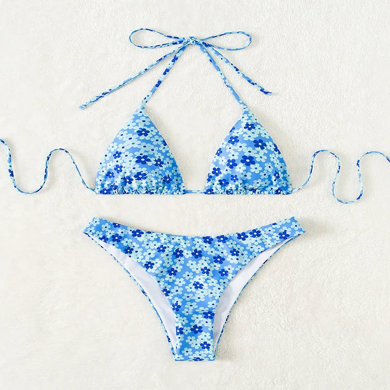 Women's blue printed lace up split bikini set with top and shorts in polyester
