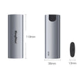 Grey mobile SSD portable hard drive with USB 3.0 interface measuring 119mm x 38mm x 13mm