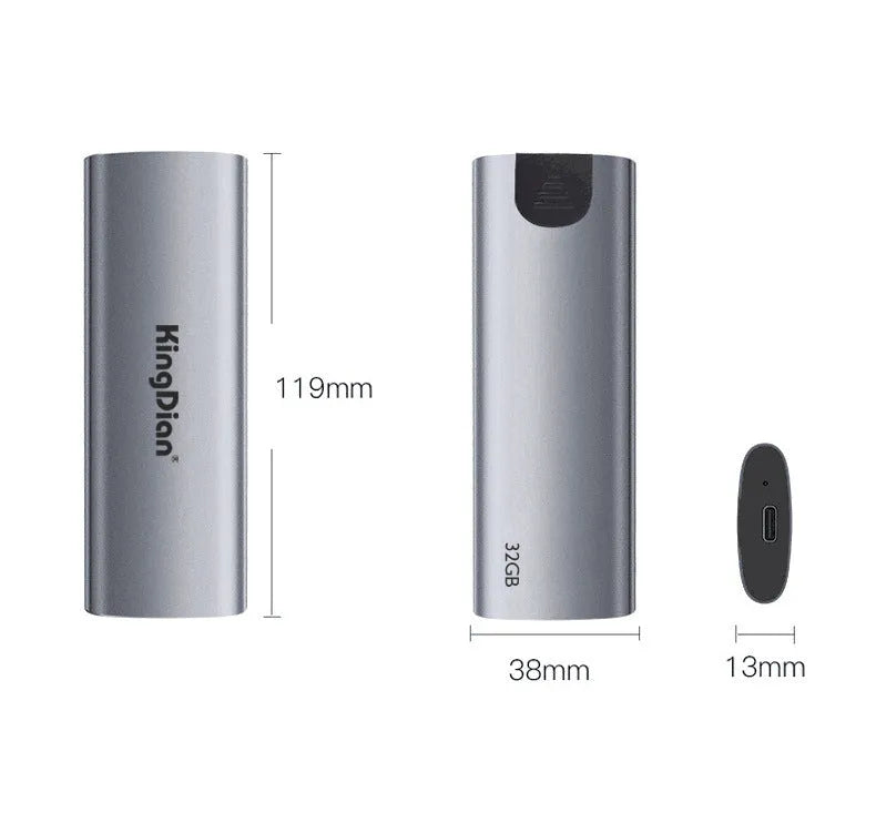 Grey mobile SSD portable hard drive with USB 3.0 interface measuring 119mm x 38mm x 13mm