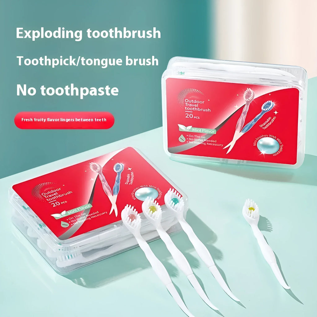 Box of disposable bead toothbrushes showing mint, peach, and plum green tea flavour options.
