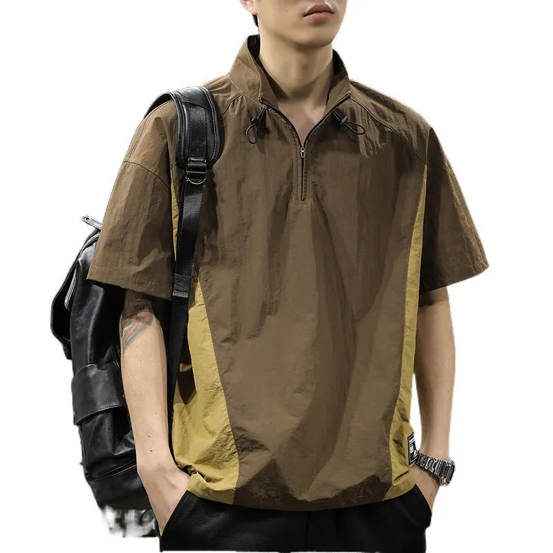 Brown men's half-zip stand collar short sleeve shirt in a loose fit