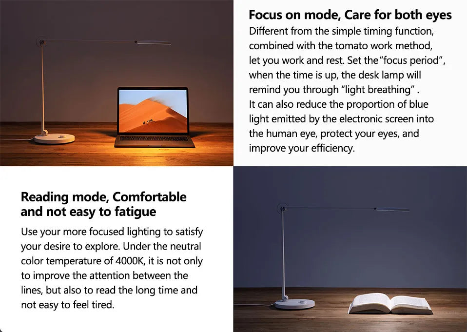 ProLED folding intelligent eye protection table lamp on a desk, with adjustable colour temperature and Wi-Fi Bluetooth connectivity