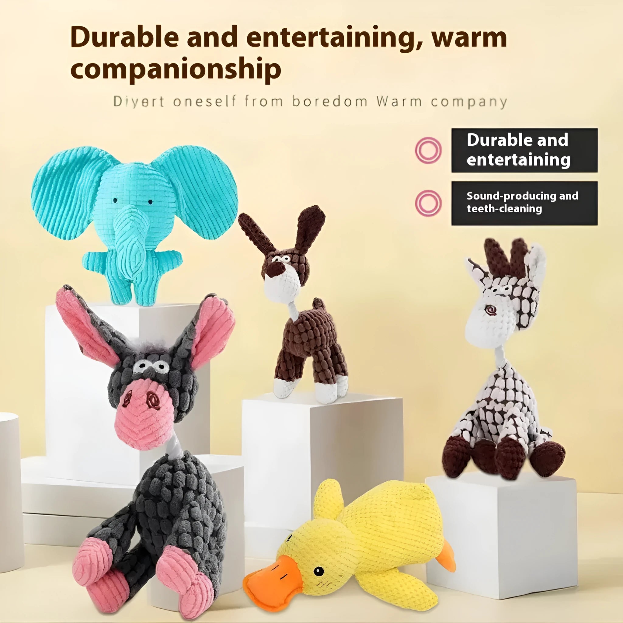 Assorted plush puppy chew toys including a grey donkey, a rechargeable yellow duck, and a blue elephant.