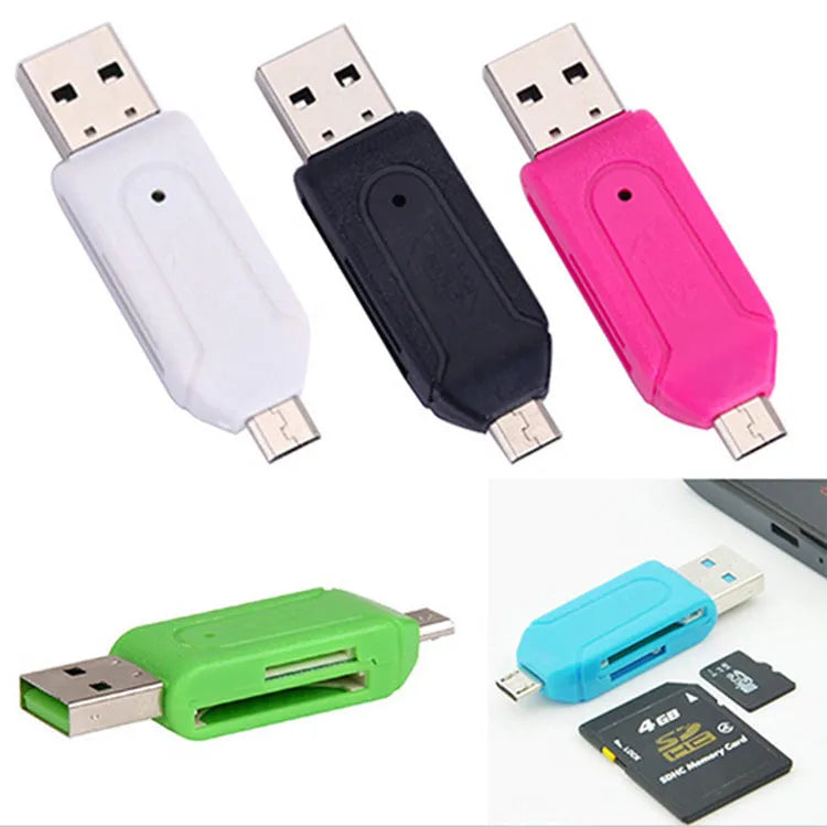 White OTG card reader with micro USB connector for Android phones showing SD and TF card slots