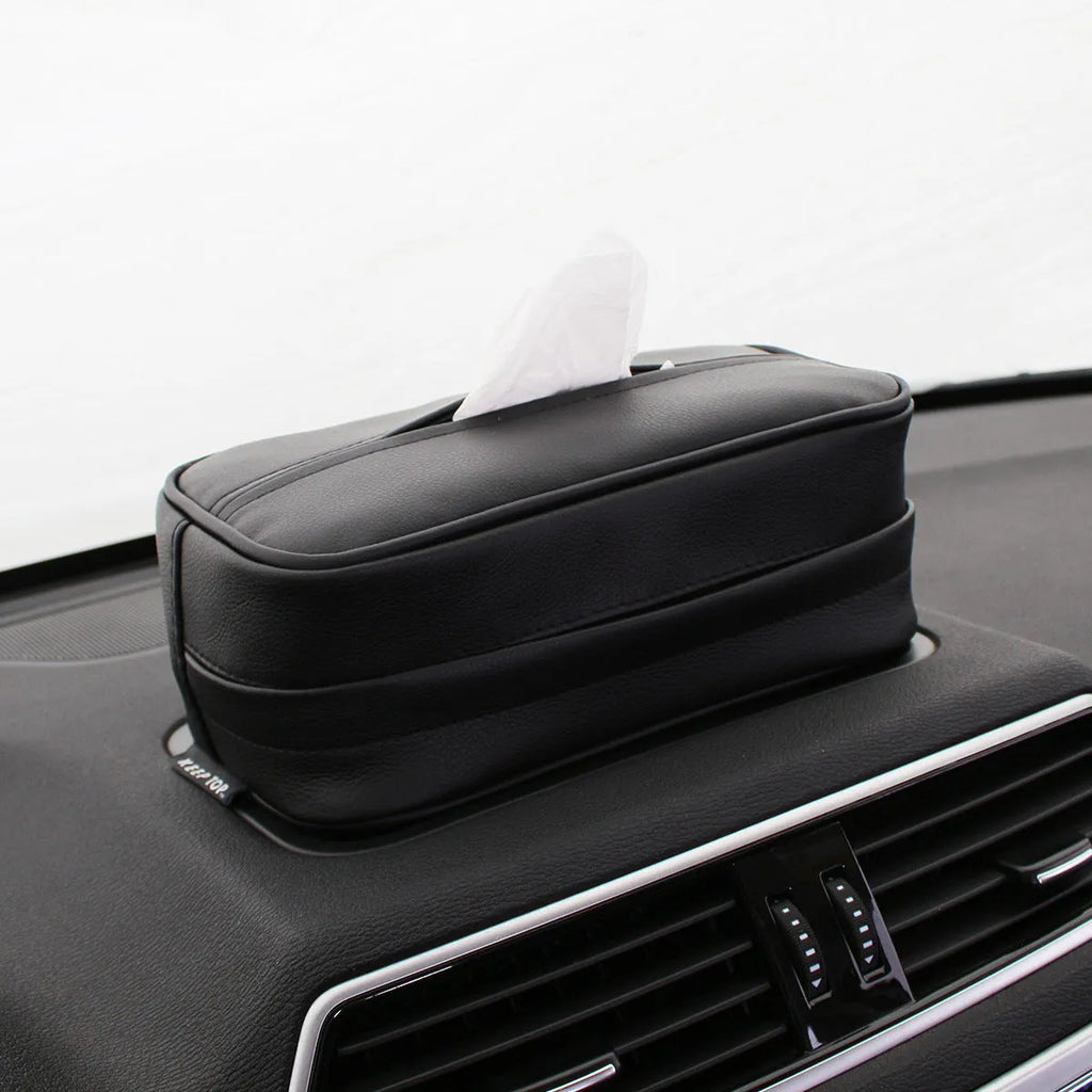 Black leather car hanging storage box with PU strap measuring 23x13x9cm
