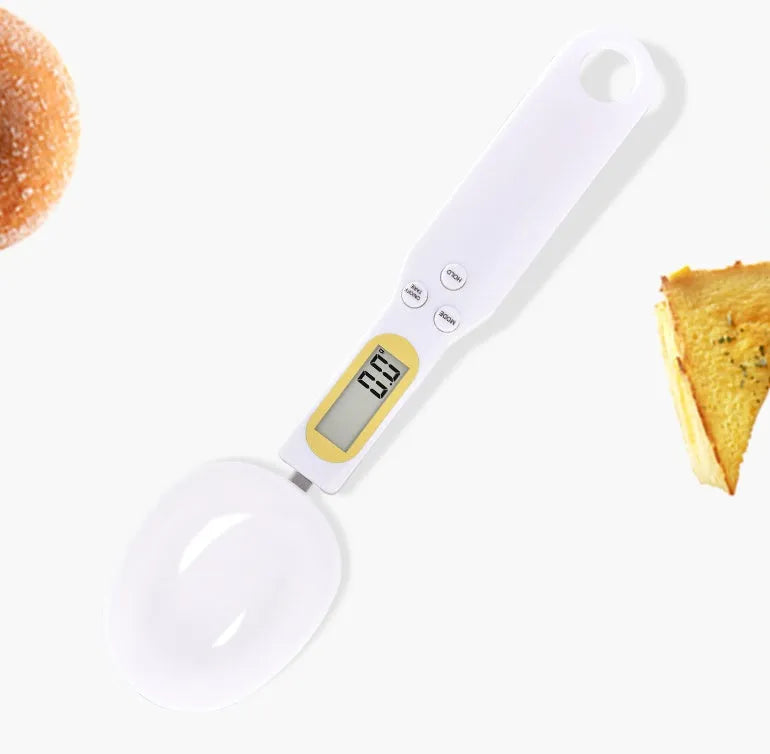 Household electronic measuring spoon scale in black, total length 23.2cm, spoon measures 7cm by 5.6cm