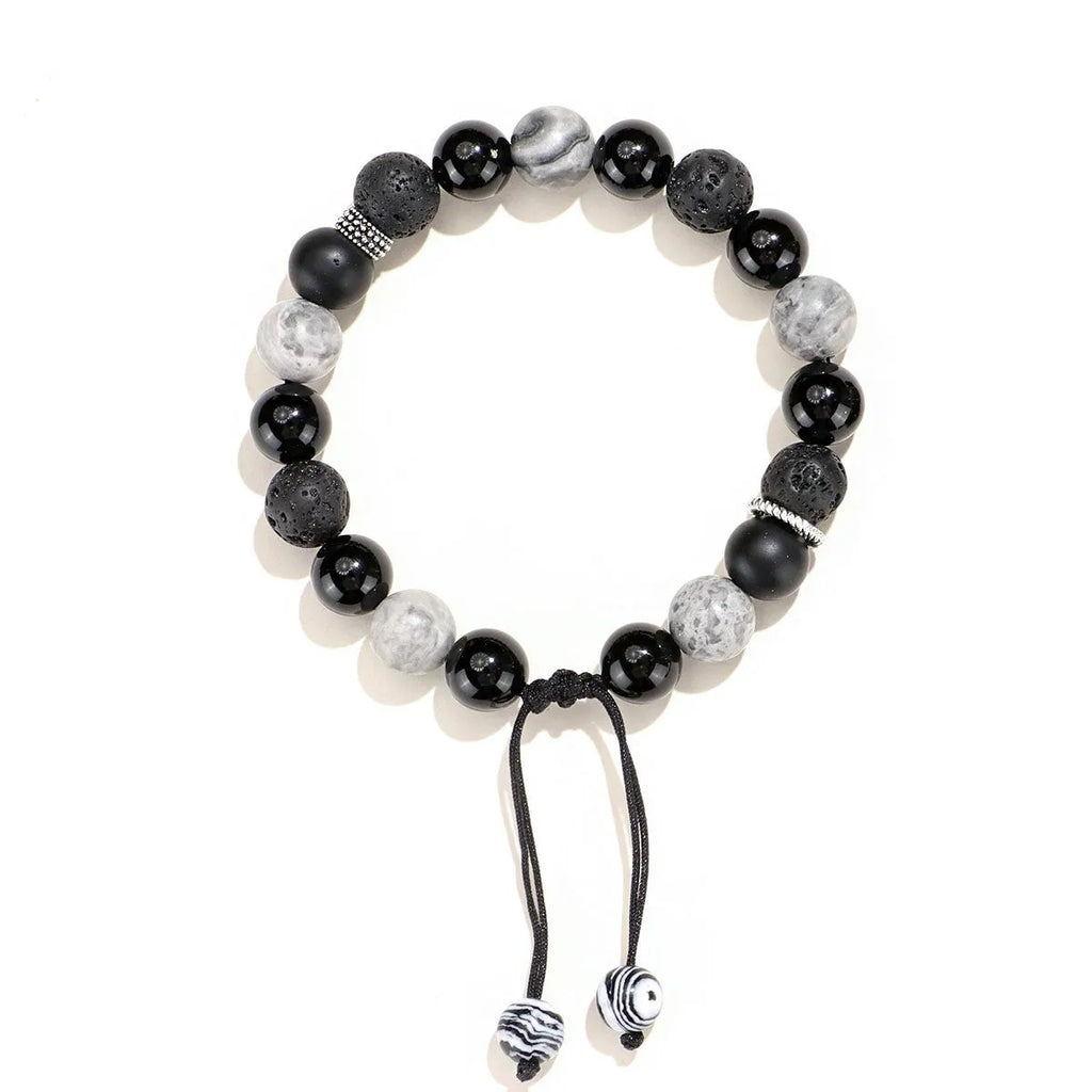 Black agate map stone and volcanic rock unisex bracelet with diamond-shaped beads, electroplated finish, 8mm and 10mm options
