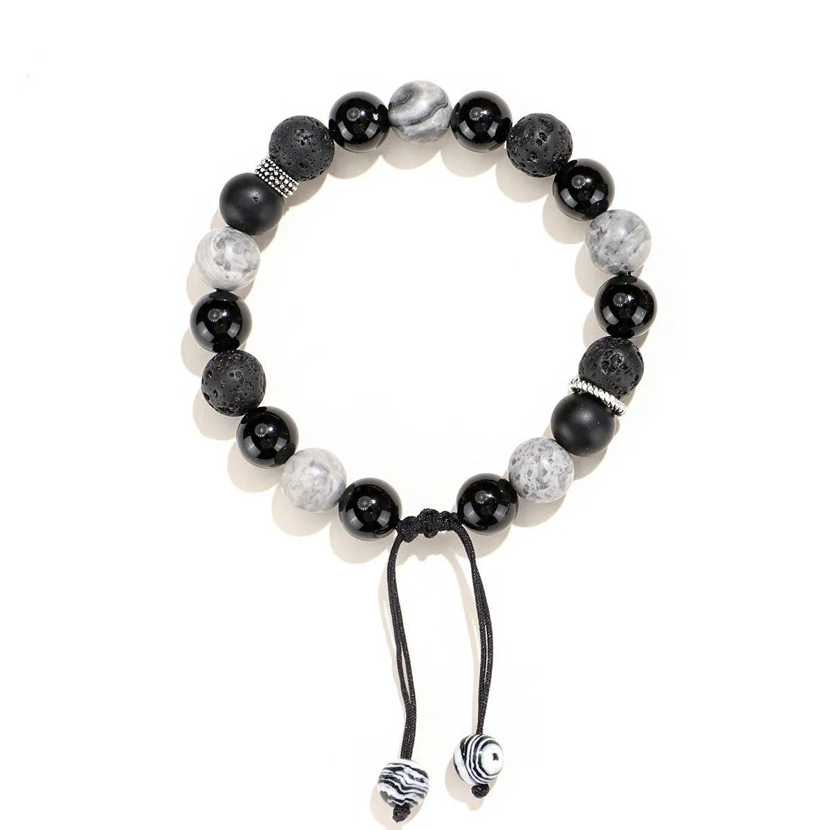 Black agate map stone and volcanic rock unisex bracelet with diamond-shaped beads, electroplated finish, 8mm and 10mm options