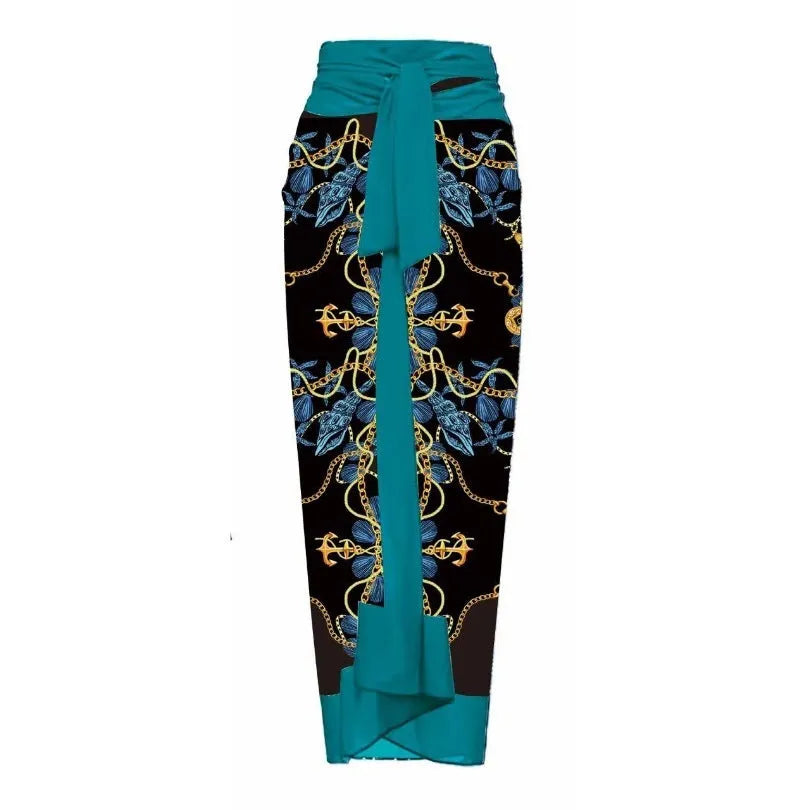 Women's one-piece swimsuit set with floral print and coordinating slim dress on a mannequin.