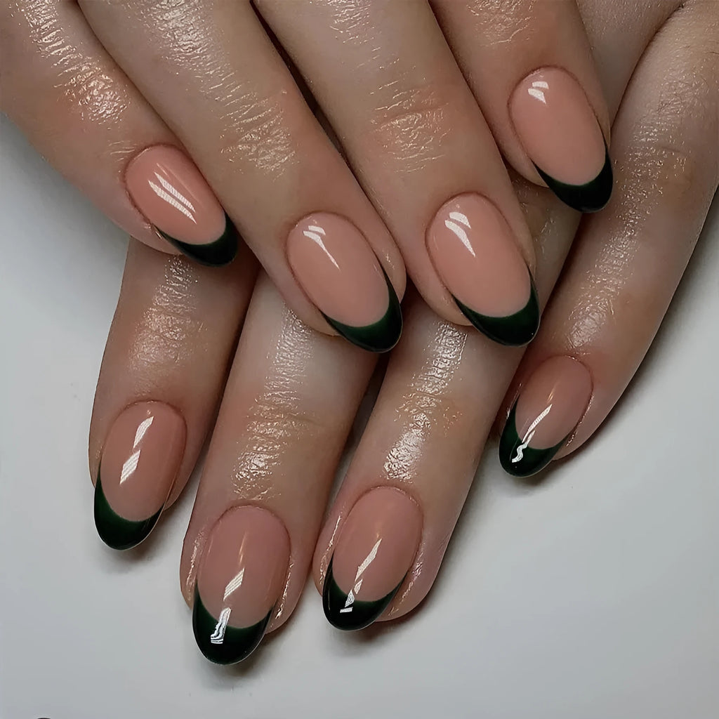 Simple black French style wear manicure 24 pieces short almond shape on neutral background
