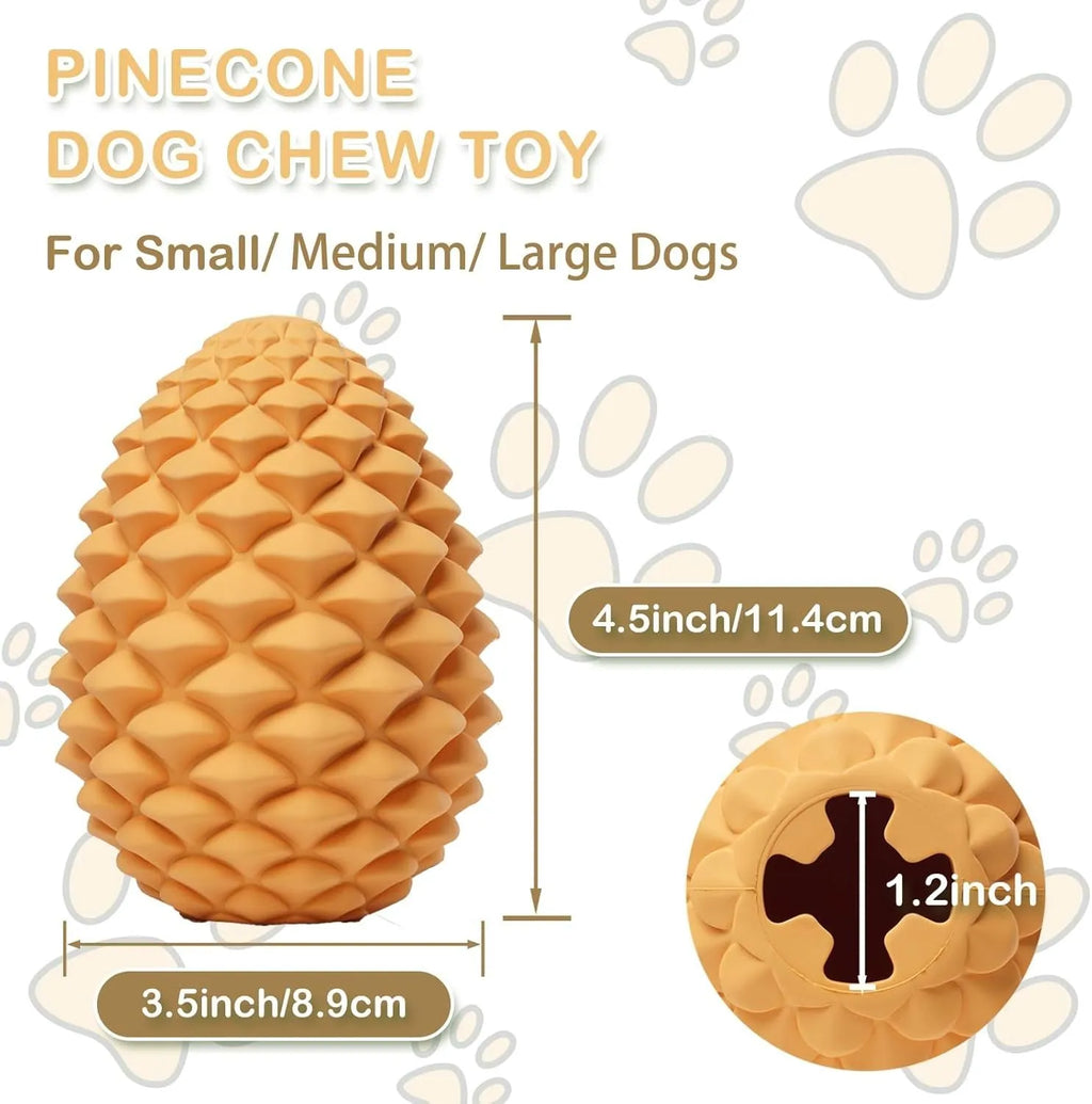 Yellow natural rubber pine cone dog toy with treat dispenser for medium to large breed dogs