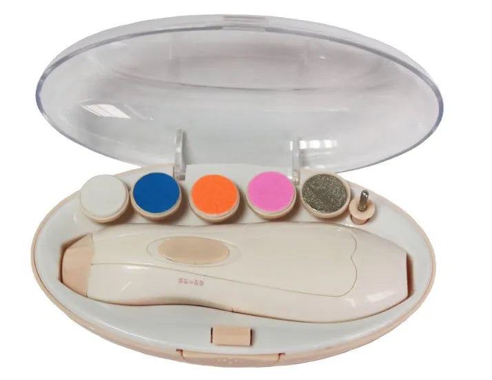 Ultra-quiet electric baby nail polisher in pink, showing compact design with button.