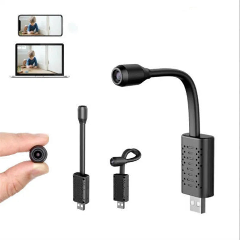 Black V380 wireless USB security camera showing compact design with microSD card slot