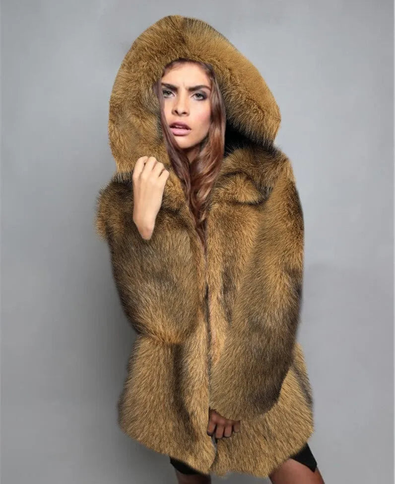 Women's silver grey artificial fur coat with mid-length design and loose trendy fit