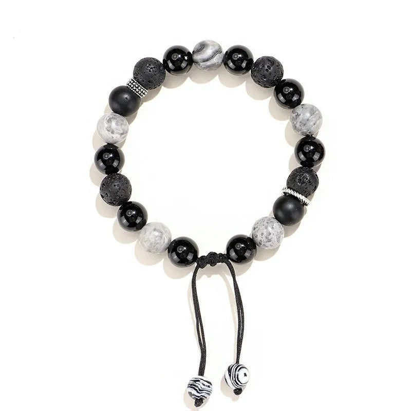 Black agate map stone and volcanic rock unisex bracelet with diamond-shaped beads, electroplated finish, 8mm and 10mm options