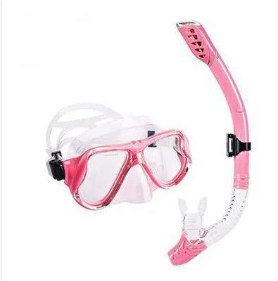 Set of black diving goggles with a PC frame, transparent glass lens, silicone mouthpiece, and adjustable strap