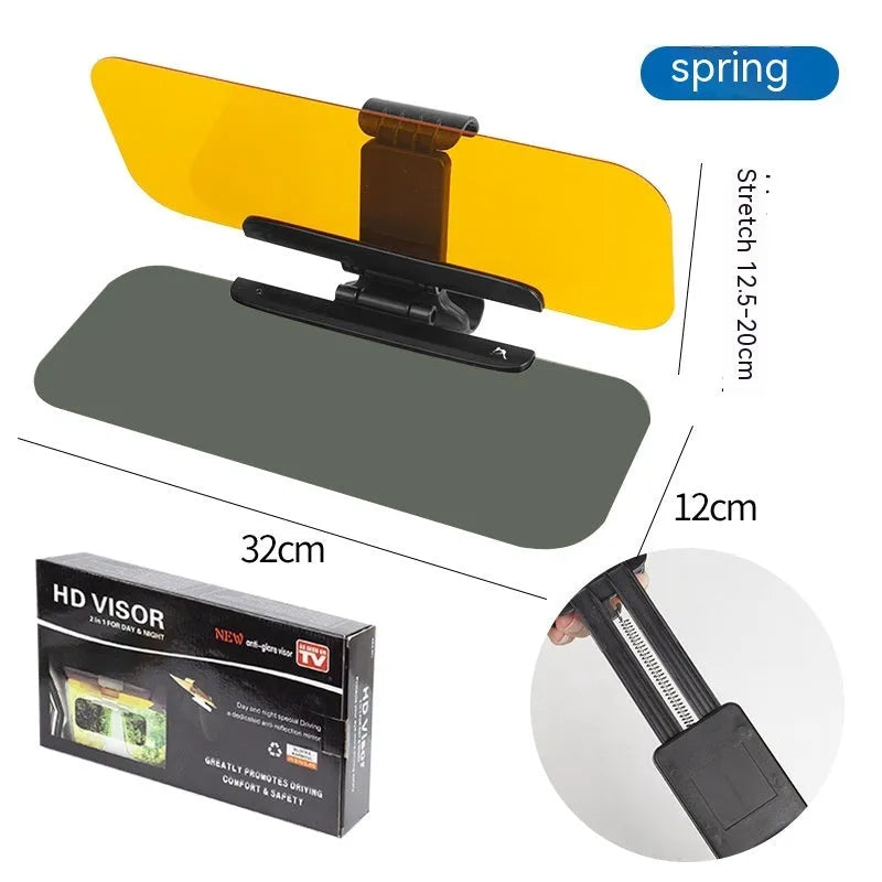 Universal anti-high beam car sun visor with acrylic lens shown in colour box packaging.