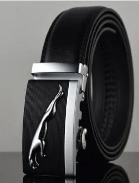 Men's black leather belt with automatic buckle, 3.5cm wide, showing leopard pattern detail
