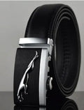 Men's black leather belt with automatic buckle, 3.5cm wide, showing leopard pattern detail