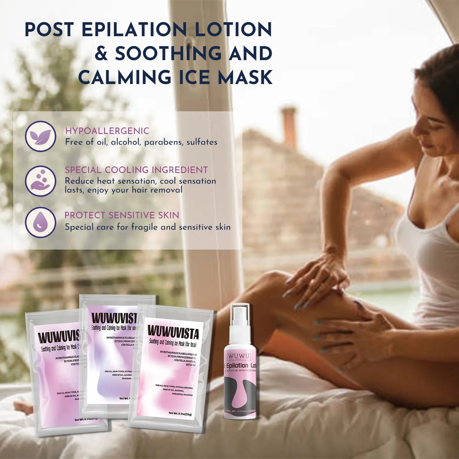 Professional waxing kit with hard wax beans, warmer, application sticks, post-care lotion and cooling masks on pink background
