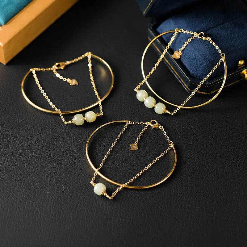 Hetian jade lucky beads bracelet with gold inlay, shown in single, double, and three bead versions.
