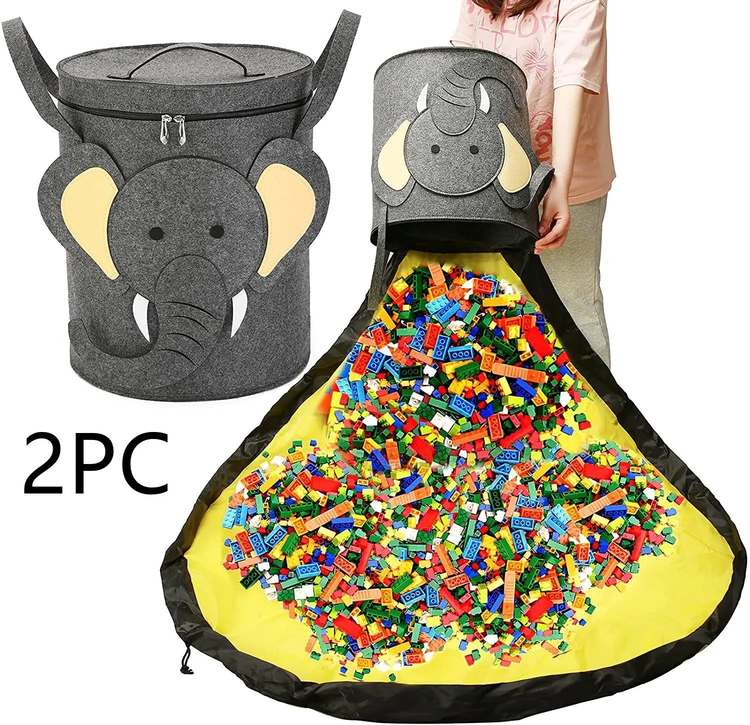 Green felt cube storage bag with pull rope that converts to flat play mat for toy organisation