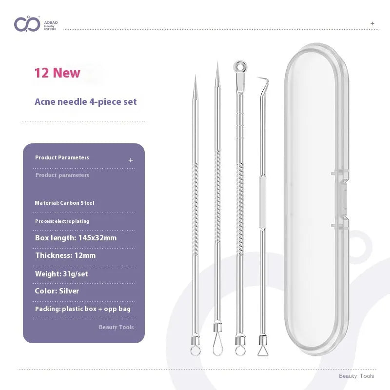 Four silver metal acne needles with fine pointed tips laid out on a surface.