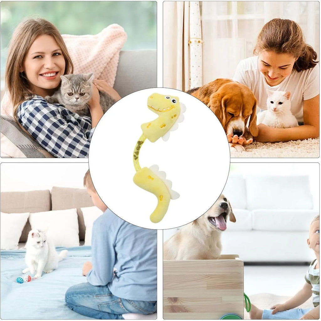 Set of four plush cat toys including a fish, mouse, bunny, and chew toy in assorted colours.