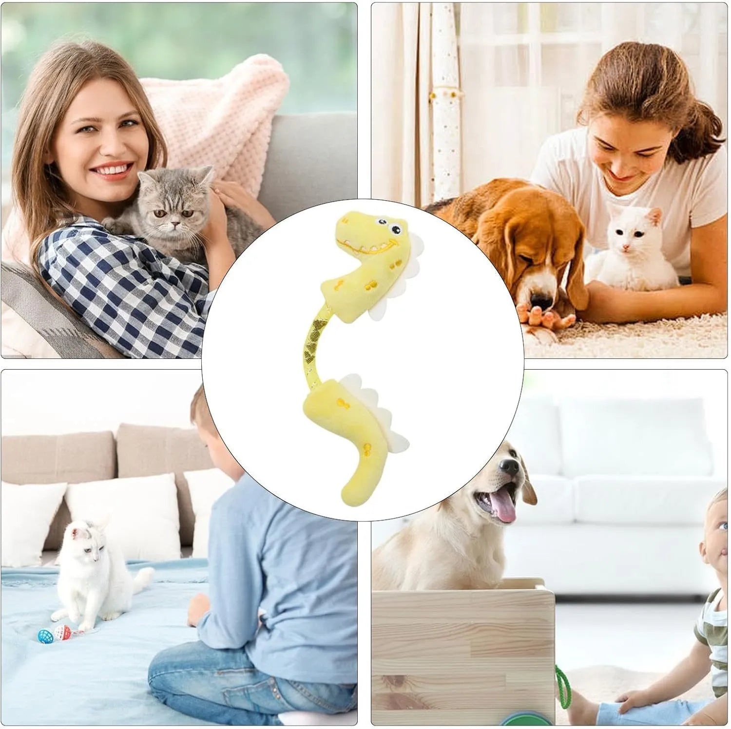 Set of four plush cat toys including a fish, mouse, bunny, and chew toy in assorted colours.