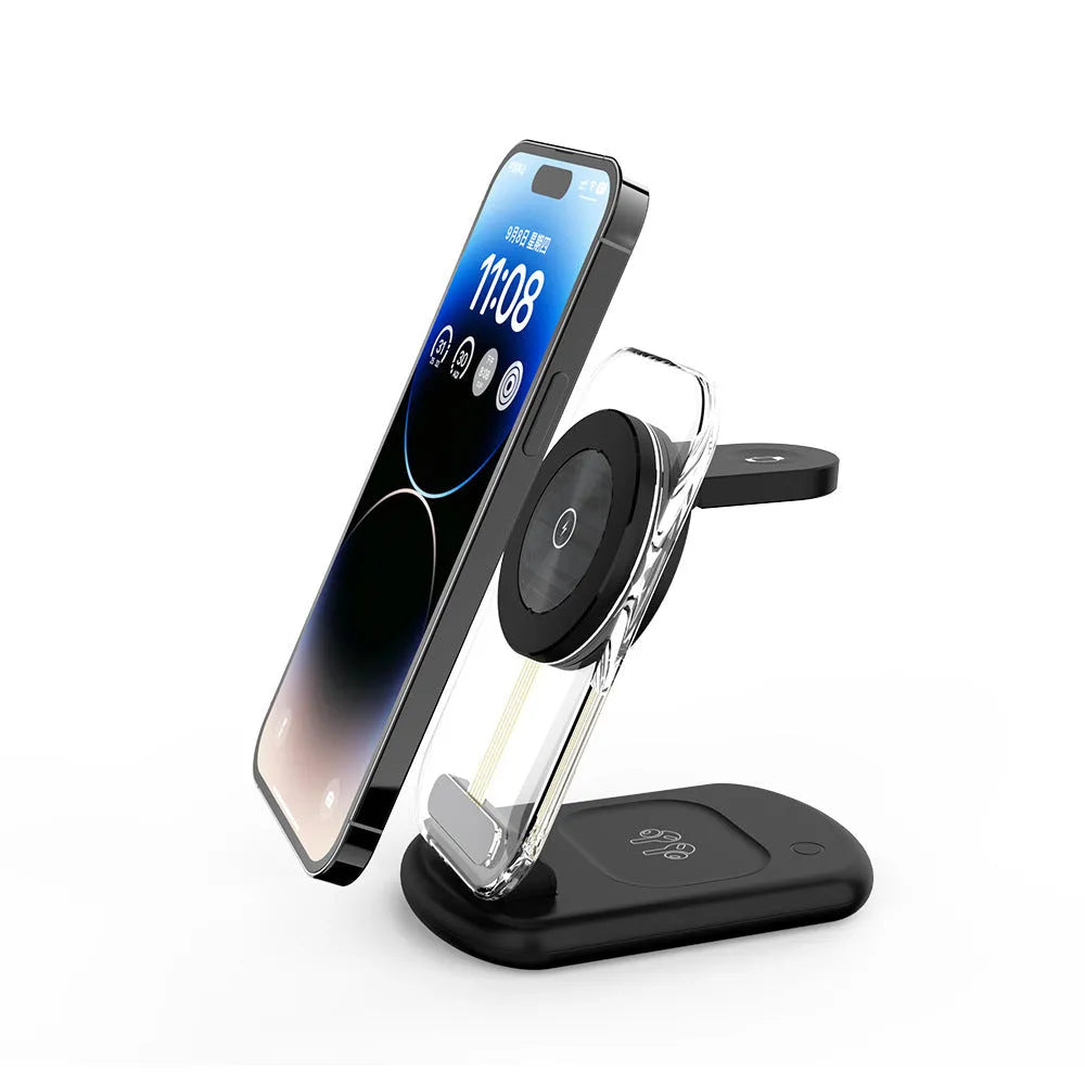 Transparent folding magnetic three-in-one wireless charger in black or white with QC3.0 fast charge