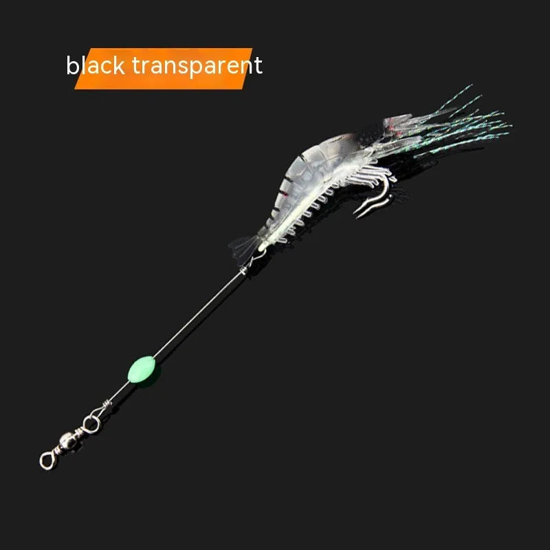 Six assorted colour Luer soft fishing lures with hooks on a blue background.