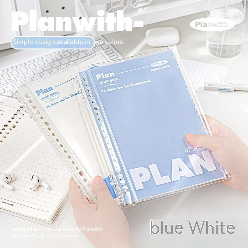 A5 size PVC spiral notebook in blue or white with a loose wire binding.