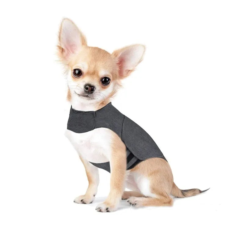 Heather grey brocade cotton ponte-de-roma dog anxiety and warm vest on a mannequin