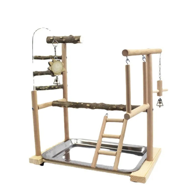 Pepper wood parrot stand with sub-stand pole, natural finish, isolated on white background