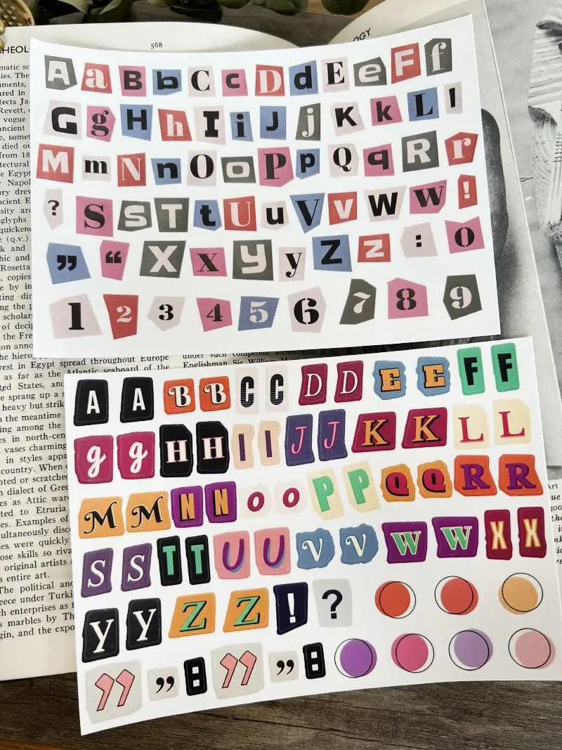 English letters and numbers symbol label stickers showing colour-coded letter sets A through E with weekly words