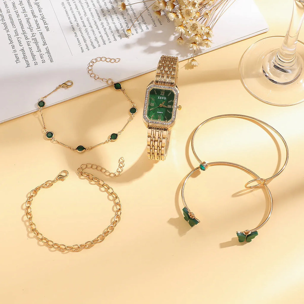 Gold green square watch and four matching bracelets showing alloy construction and jewellery buckles
