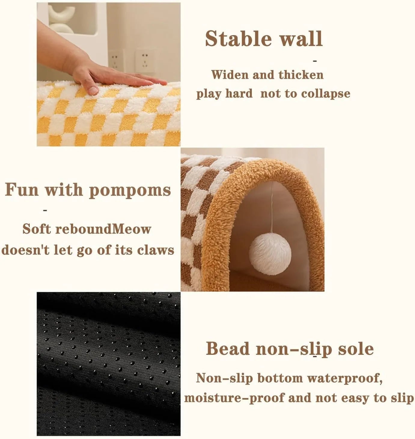 Plush plaid cat tunnel bed with central mat showing collapsible tube structure and non-slip bottom