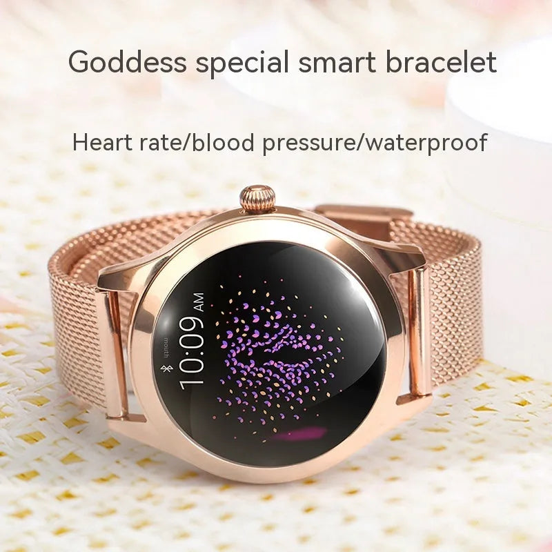 Women's multi-functional sports smartwatch showing heart rate monitoring, available in black, rose gold, silver, or white